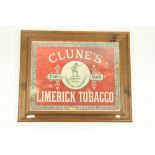 A large and rare cardboard Advertisement Sign for 'Clune's Trademark, Limerick Tobacco,' the