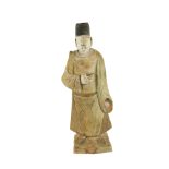 An early Chinese partly glazed pottery Figure of a Male attendant, probably Ming Dynasty (1368 -