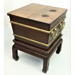 A rare Chinese hardwood (probably Hongmu) Ice Chest, brass bound of square tapering form with double