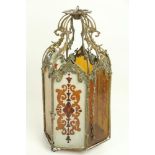 A good Neo-Gothic style brass hexagonal shaped Hall Lantern, with six coloured glass panels, each in