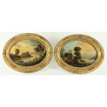 A pair of Victorian oval reverse Paintings on glass, each depicting a landscape with figures,