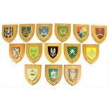 Military Interest: Collection of 14 shield shaped hand painted Military or Battalion Coats of