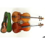 Two early Concert Cellos, each approx. 125cms (49') long, as musical instrument, w.a.f. together