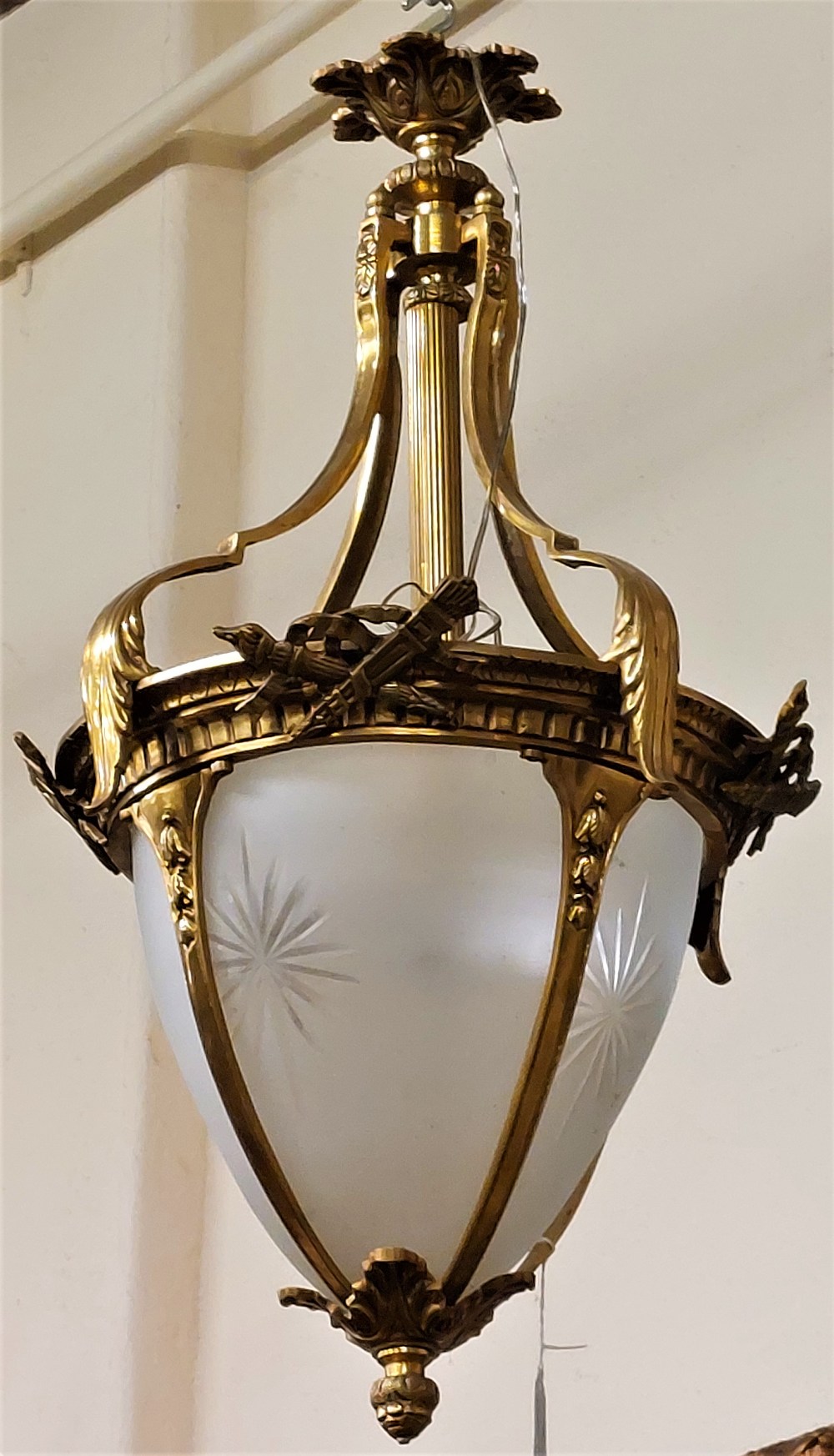 A French style domed shaped gilt metal Ceiling Light, decorated with bouquets and leaves with etched