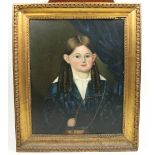 Early 19th Century Folk Art, American School "Young Girl with long Ringlets, wide Collar, white
