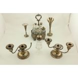 A Victorian silver plated Cruet Set, with five bottles, 29cms (11 1/2"); together with two similar