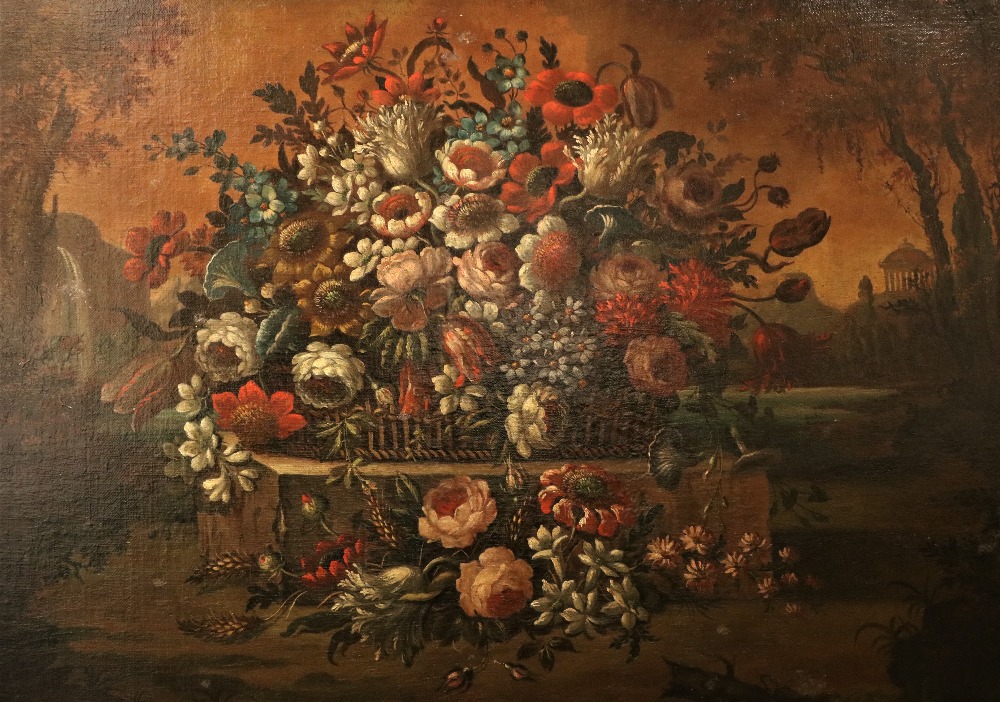 Late 18th Century Flemish School  Still Life, a large 'Colourful Basket of Flowers, with landscape - Bild 2 aus 2