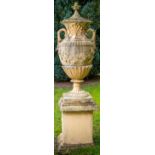 A massive pair of terracotta coloured composition stone Garden Urns, covers and plinths, 228cms x