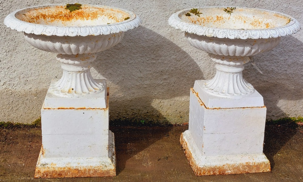 A pair of Victorian cast iron Garden Urns, with egg and dart moulded rims on circular outsplayed