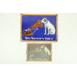 A large Vintage enamel Sign, 'His Masters Voice,' approx. 31cms x 41cms (12" x 16"), together with a