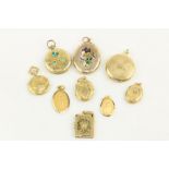 Seven small engraved and decorated Lockets, mostly gold, and two miraculous Medals. As a lot, w.a.f.