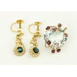A pair of attractive Ladies drop Ear-rings, of floral design inset with seed pearls and green
