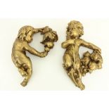 A pair of composition gilt Wall Appliques, each modelled as a cherub with floral swag, (ORM)