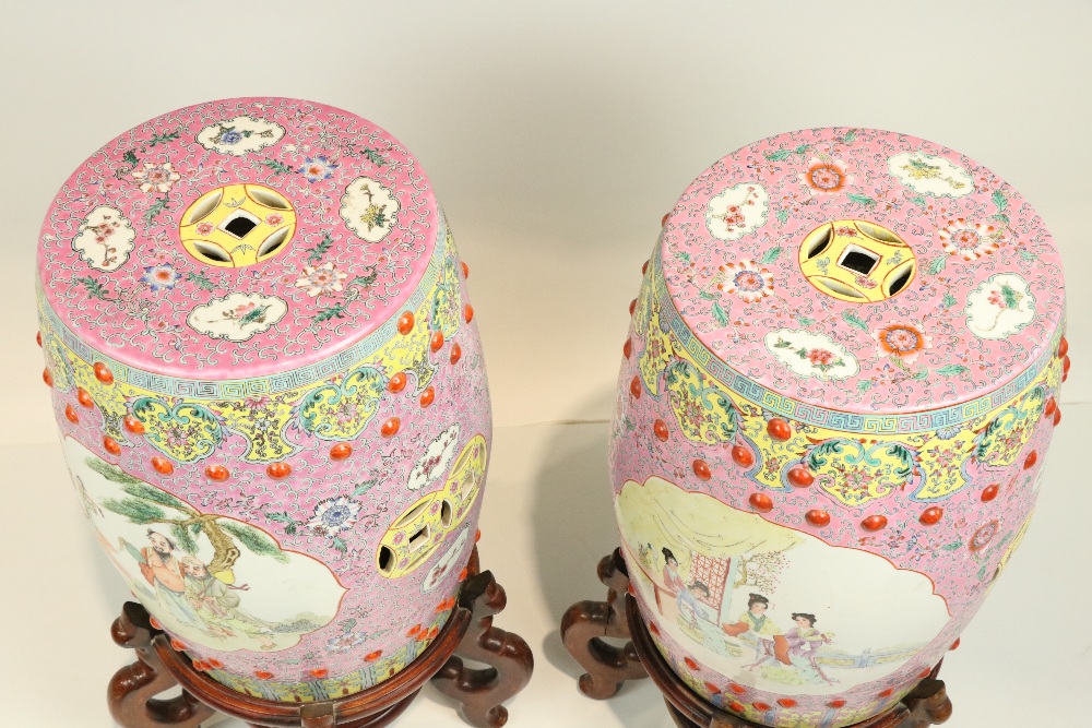A pair of attractive Chinese Famille Rose barrel shaped Garden Seats, each with pierced top with - Image 7 of 11