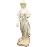 A fine late 19th Century white carved marble Figure of a young  Lady in Medieval attire holding a