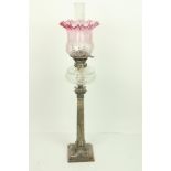 A good heavy silver plated Corinthian style Table Oil Lamp, with reeded column on square flared