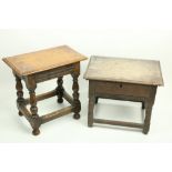 A small oak Stool, in the 18th Century style, with hinged top on turned legs, 18" (46cms) and
