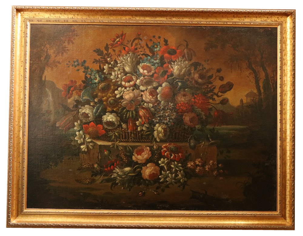 Late 18th Century Flemish School  Still Life, a large 'Colourful Basket of Flowers, with landscape