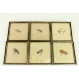 A set of 6 late 19th Century silk Drawings, of salmon flies in uniform hogarth type frame, each