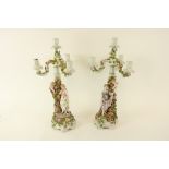 A good large pair of Sitzendorf porcelain three branch - four light Candelabra, late 19th Century,