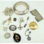 Varied Jewellery etc:  A gold and crystal Rosary Beads; small silver Chain and Ingot; a large silver