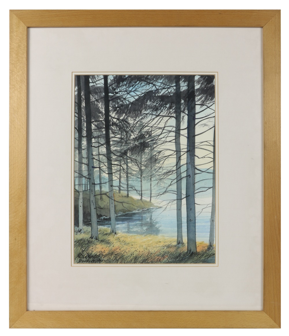 Peter Knuttel, Irish ( b. 1945) "Doulough Pines," watercolour, Forest Scene with Lake, approx. 37cms - Image 2 of 3