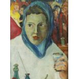 20th Century Irish School "Dicey Reilly," O.O.B., depicting Lady with blue head scarf and white