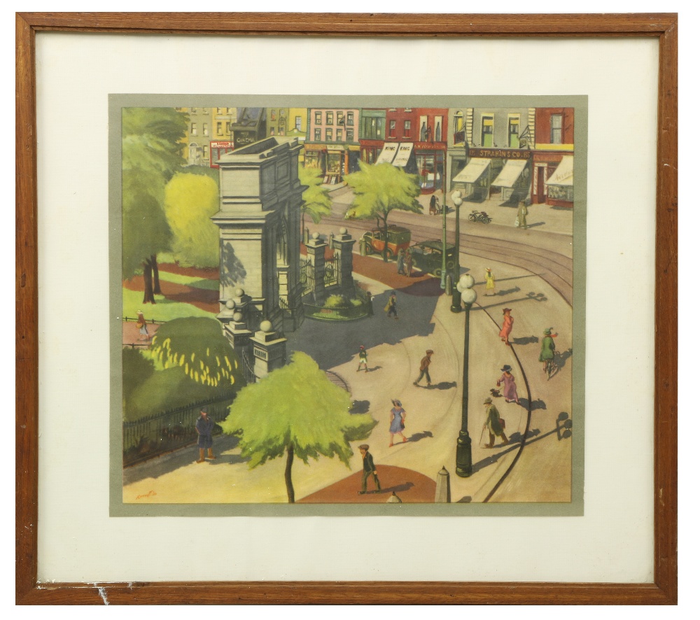 After Harry Kernoff, RHA (1900-1974) "The Fusiliers Arch, St. Stephen's Green," cold. print, approx. - Image 2 of 3