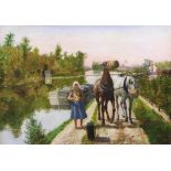 20th Century French School "Breton Girl with Horses walking on Rivers Edge," O.O.C., indistinctly