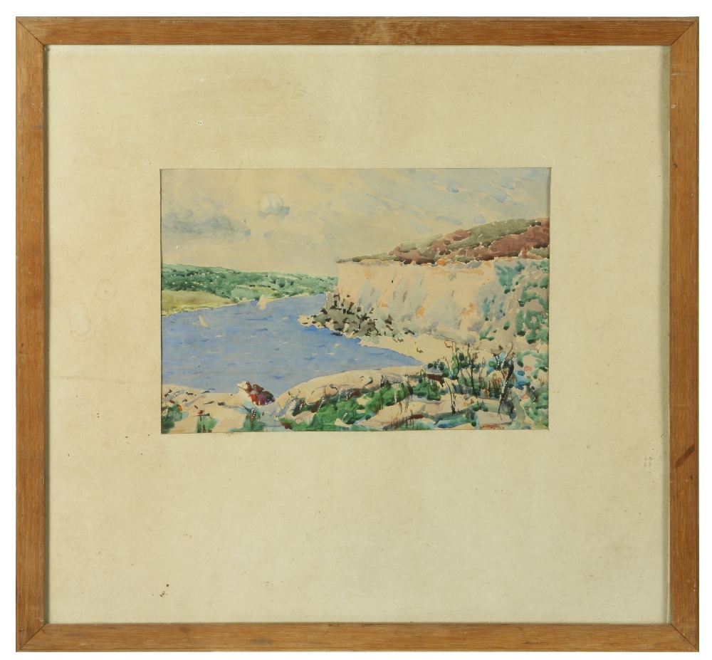 Daniel Corkery, Irish (1878-1964) "Ar an Cósta," watercolour, coastal scene with figures on a beach, - Image 2 of 3