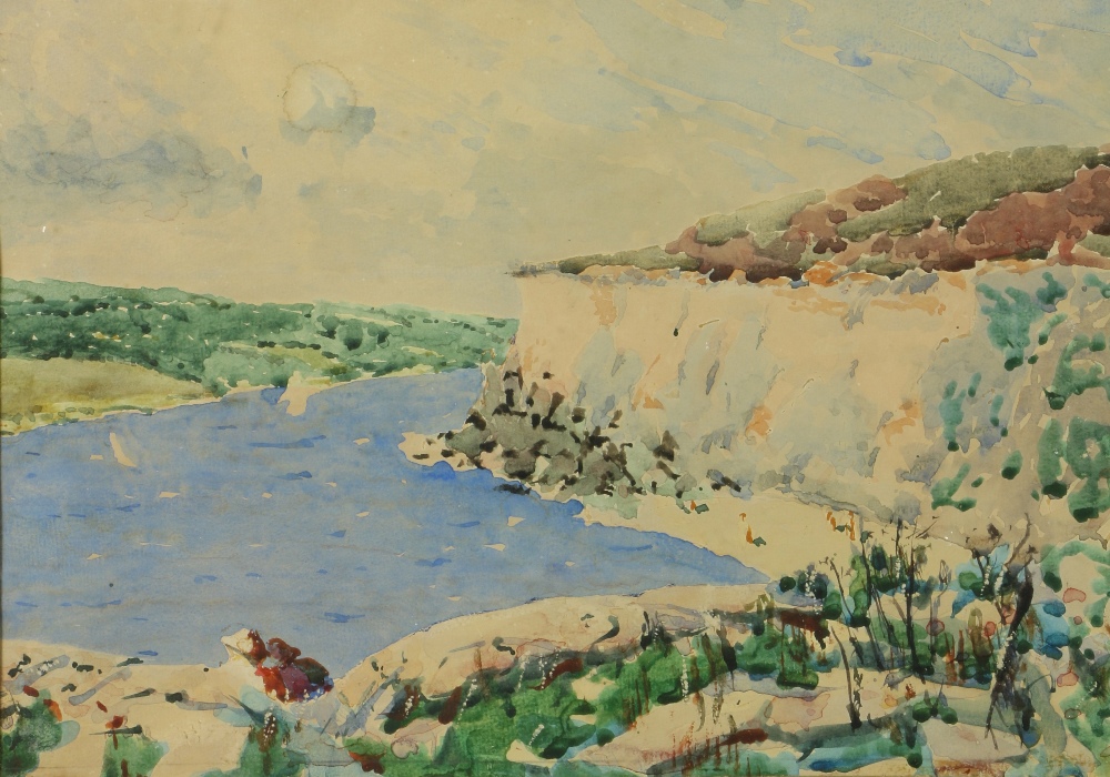 Daniel Corkery, Irish (1878-1964) "Ar an Cósta," watercolour, coastal scene with figures on a beach,