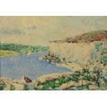 Daniel Corkery, Irish (1878-1964) "Ar an Cósta," watercolour, coastal scene with figures on a beach,