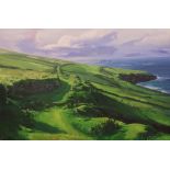 Fergus Lyons, Irish (b. 1950) "The Road West," O.O.C., extensive rugged and lush coastal landscape