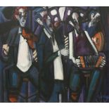 George Dunne, Irish (b. 1945) "Musicians," O.O.C., approx. 41cms x 46cms (16" x 18"), signed