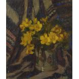 Grace Henry, HRHA (1868-1953) "Kingcups," O.O.C., still life with yellow flowers in painted jug,