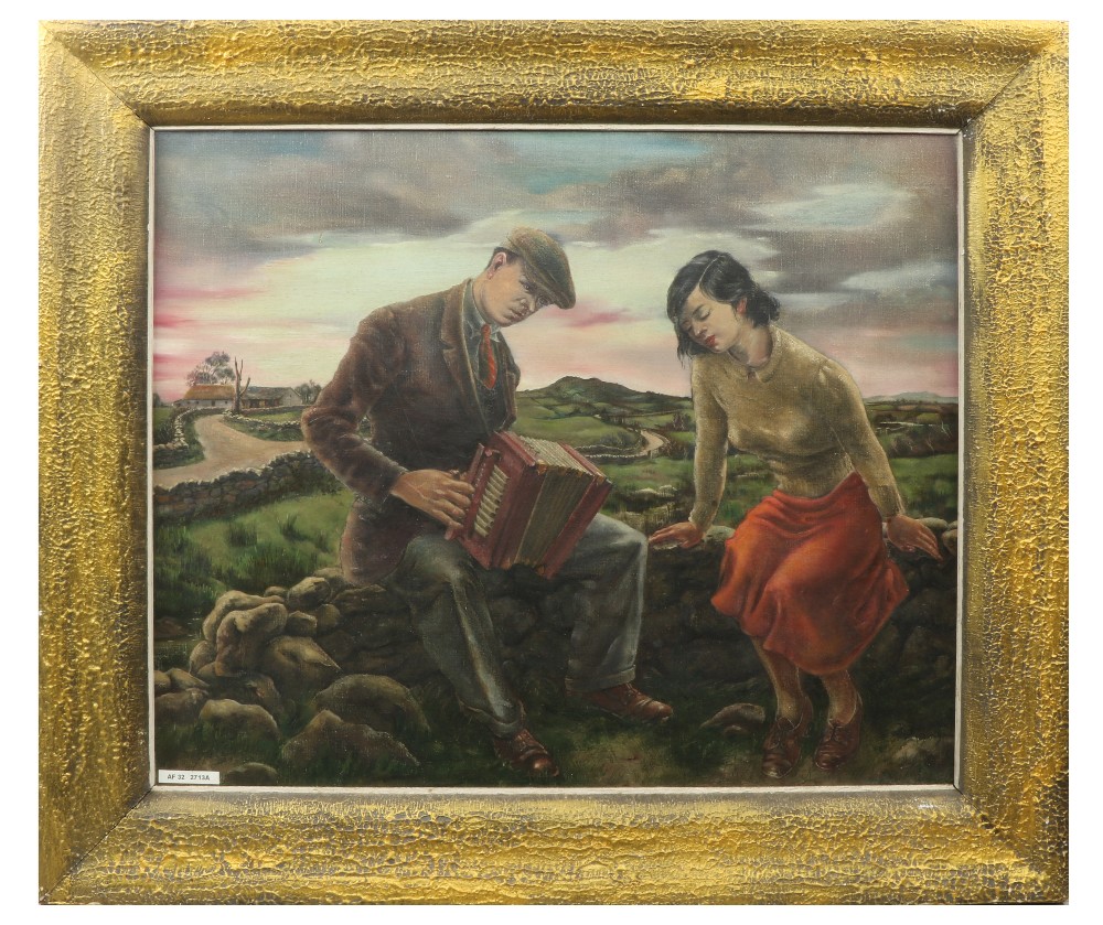 Robert Burke, Irish (1909-1991) "The Coulin," O.O.C., depicting young girl and gentleman leaning - Image 2 of 2