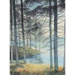 Peter Knuttel, Irish ( b. 1945) "Doulough Pines," watercolour, Forest Scene with Lake, approx. 37cms