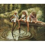 21st Century Irish School "The Three Sisters," O.O.C., depicting three young girls seated on a jetty