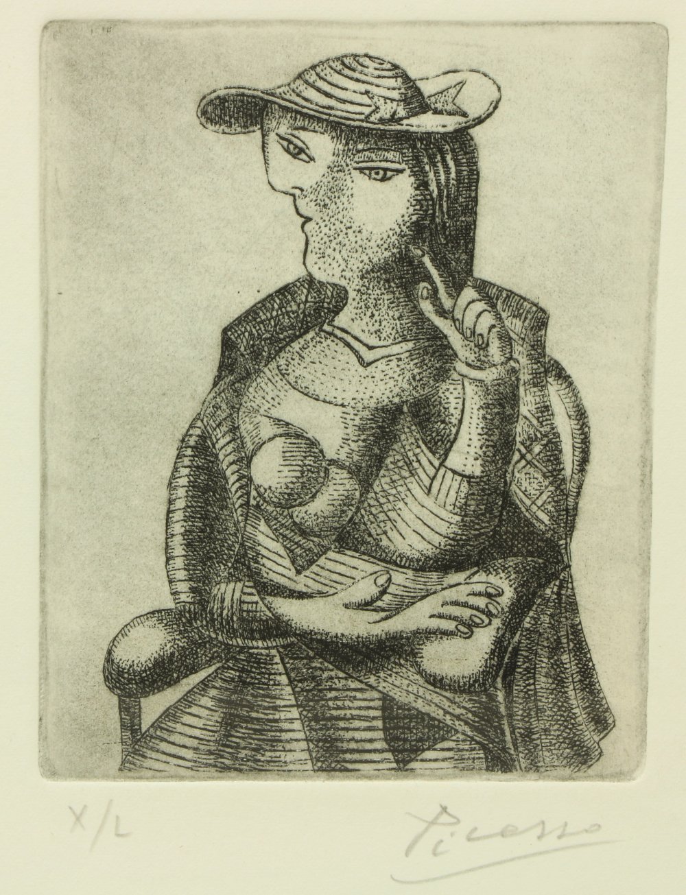 After Pablo Picasso, Spanish (1881-1973) "Abstract, seated Lady with Hat," etching No. 10 of 50,