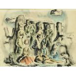 Derek Hill, CBE, HRHA (1916-2000) "A Visit to Stonehenge," watercolour, depicting a group posing