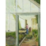 Padraig Thornton, Irish (XIX-XX) "The Greenhouse," O.O.B., exterior view of figure at work,