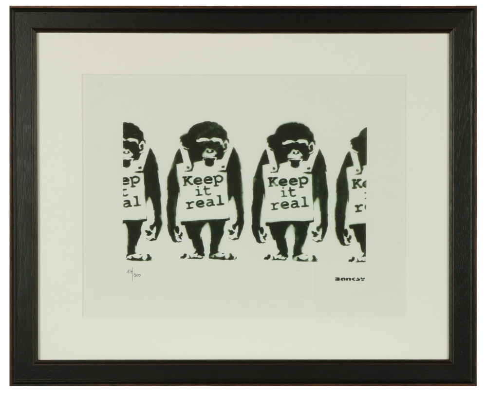 After Banksy, British (b. 1974) "Monkeys, 2000," screen print, Limited Edn. 47 (300), with impressed - Image 2 of 4