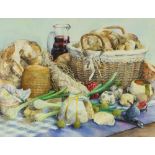 Tessa Shedley Jordan, British ( b. 1948) "Dejeuner Rustique," watercolour, Still Life with cheese,