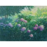 Brett McEntagart, RHA, ( b.1939) ‘Purple Hydrangea’, oils on canvas, a large Garden View, approx.
