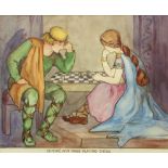 Kathleen Ennis, 20th Century Irish School "Deirdre and Naisi Playing Chess," watercolour,