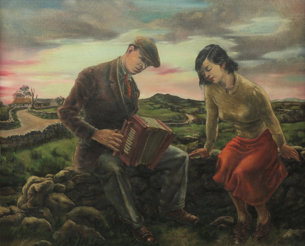 Robert Burke, Irish (1909-1991) "The Coulin," O.O.C., depicting young girl and gentleman leaning