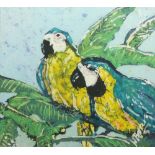 Wendy Tate, British - 21st Century "Macaw Parrots Resting," batik, Signed lower right, approx. 54cms