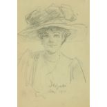 John Butler Yeats, RHA (1839-1922) "Smiling Lady in a Hat," pencil sketch, depicting profile of an
