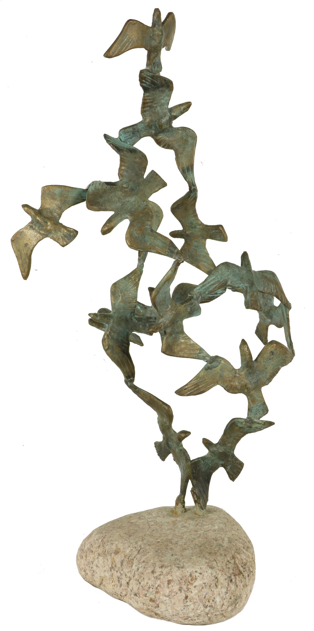 John Behan, Irish, RHA ( b.1938) "Birds in Flight," bronze sculpture, surmounted on natural stone,