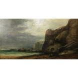 19th Century Continental School "Shipwreck with Figures at bottom of a Cliff," O.O.C., 64cms x